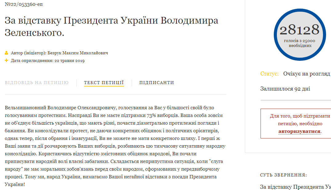 Зеленский должен рассмотреть петицию о своей отставке, голоса набраны