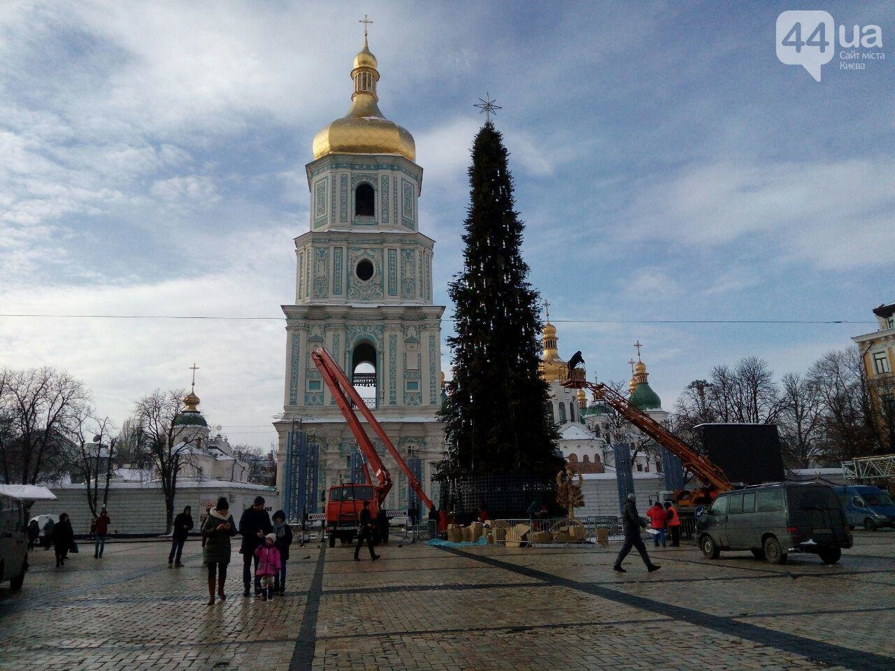 На Софийской площади проводят демонтаж главной новогодней елки Украины (фото)